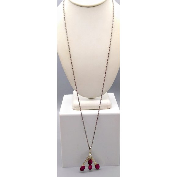 Modernist Pearl and Red Spinel Pendant in Sterling Silver on Silver Tone Rope - Picture 5 of 6
